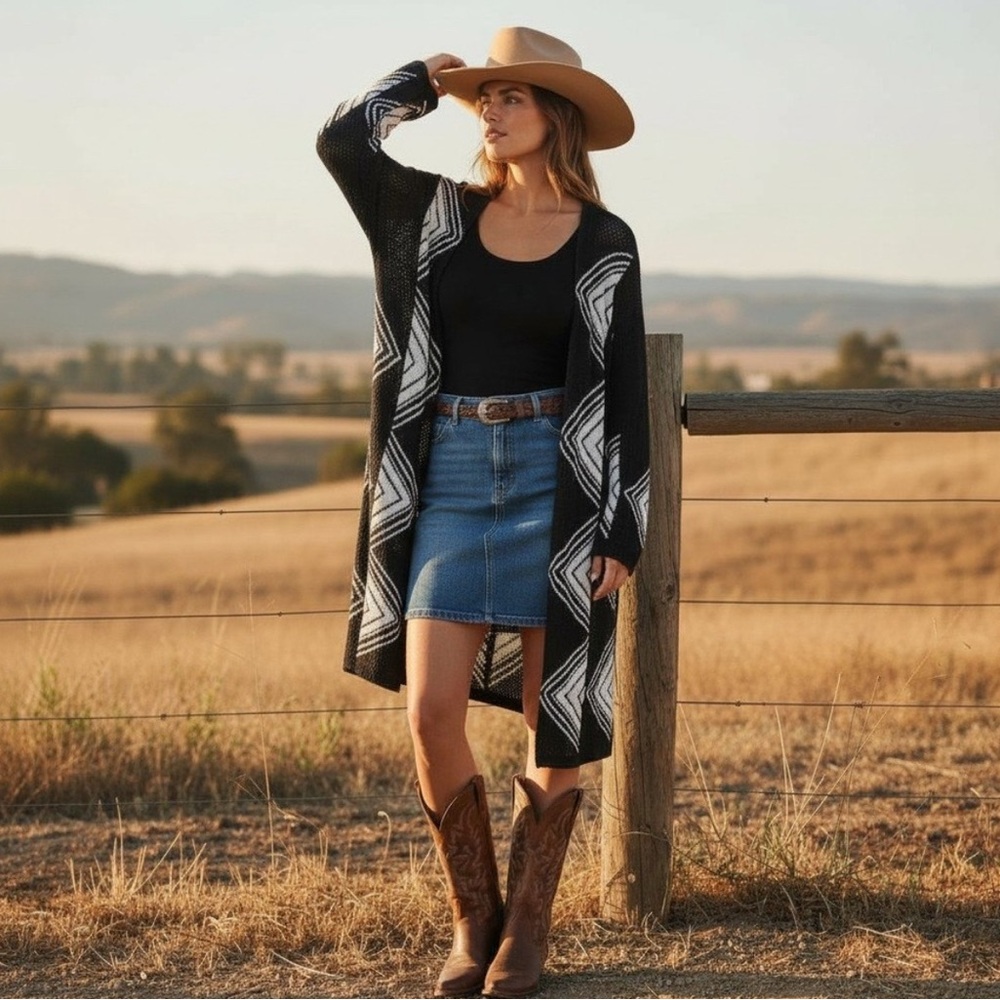 NIC + ZOE Geometric Diamond Knit Open Front Cardigan Sweater Black White Medium